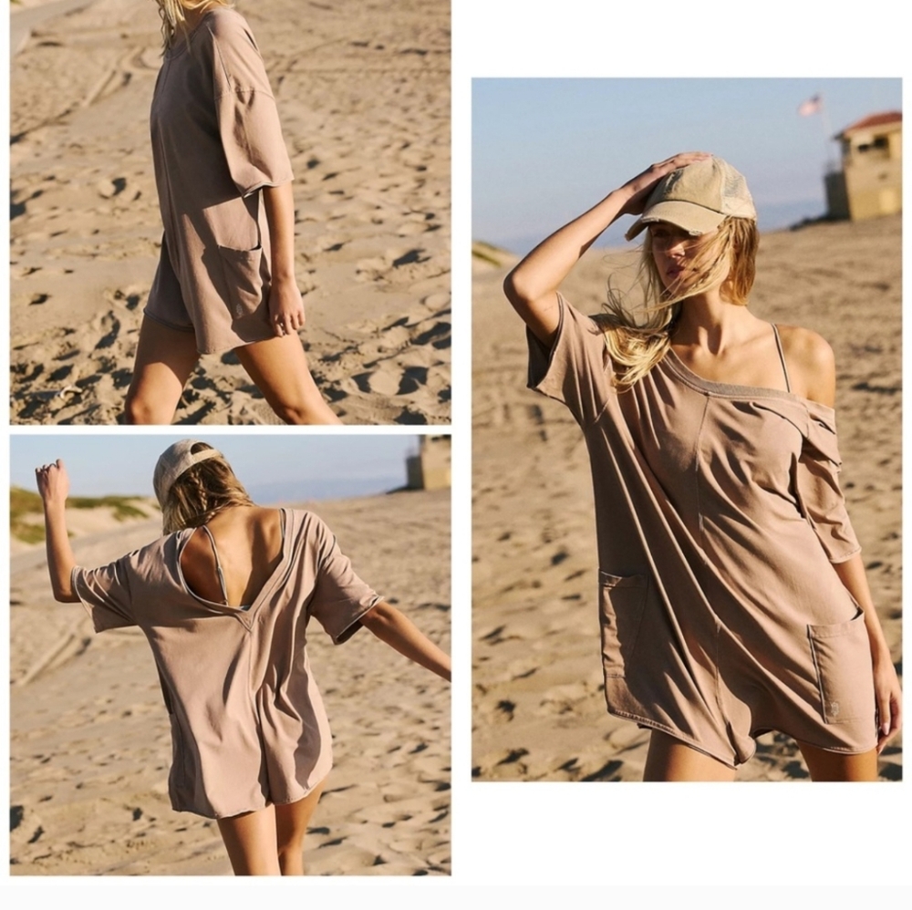 Nwot! Free People Movement Hot Shot Tee Romper In Mocha Latte